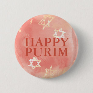 Corale Waterverf HAPPY PURIM en Gold Jewish Stars Ronde Button 5,7 Cm