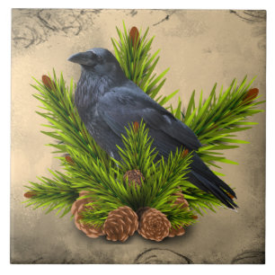 Corbeau dans un pin trumeau décoratif carreau de c