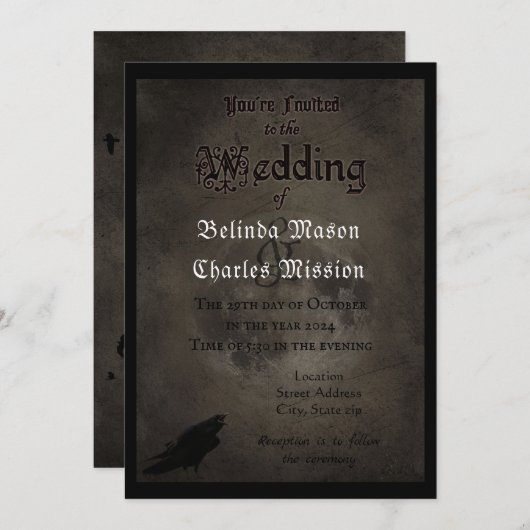 Corbeau gothique et Faire-part de mariage lune (Devant / Derrière)