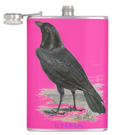 Corbeau noir Personnalisez le flacon de nom rose (Ouvert)