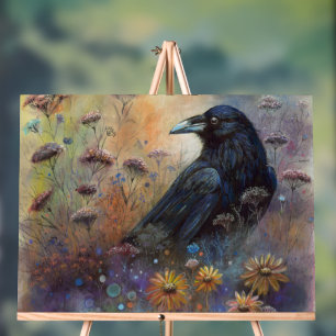 Corbeau peint à la main avec Fleurs sauvages