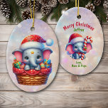 Corbeille Cadeau Eléphant Enfants<br><div class="desc">Voici un adorable ornement de Noël pour un petit-fils spécial, petite-fille, fils ou fille. D'un côté se trouve l'image d'un mignon éléphant portant un casquette du Père Noël rouge et blanc. Le petit éléphant sort d'un panier cadeau en osier parmi des cadeaux aux couleurs vives. L'image est placée sur un...</div>