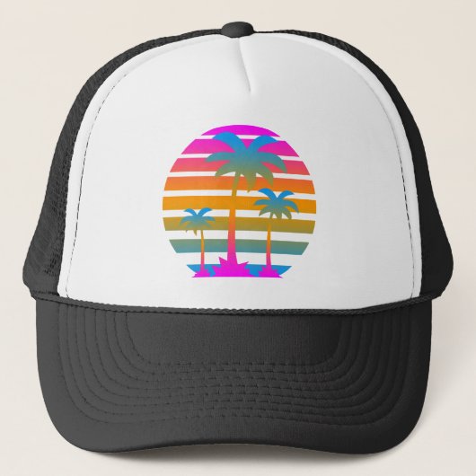 Corey Tiger 80's Retro Sunset Palm Trees Trucker Pet (Voorkant)