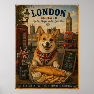 Corgi à Londres Affiche de voyage vintage