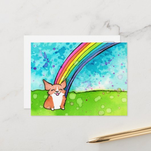Corgi aan het einde van de regenboog briefkaart (Voorkant / Achterkant in situ)