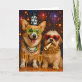 Corgi and Shitzu Pups Celebrating New Years Card Kaart