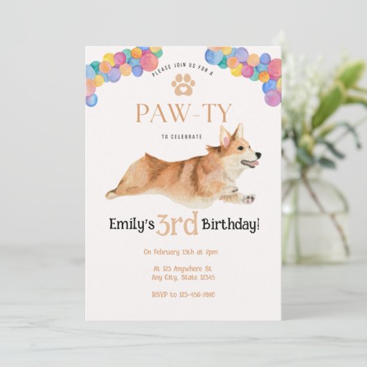 Corgi anniversaire Pawty invitation (Debout devant)