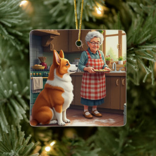Corgi Bakken met Oma Kerstschilderij Keramisch Ornament