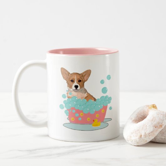 Corgi Bath Time Tweekleurige Koffiemok (Met donut)