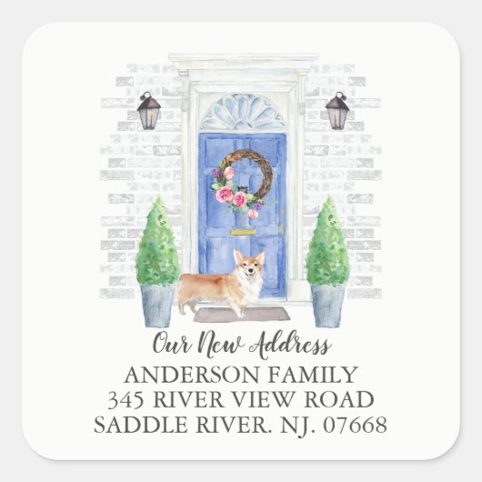 Corgi Blue Door Nieuw Adreslabel Sticker (Voorkant)