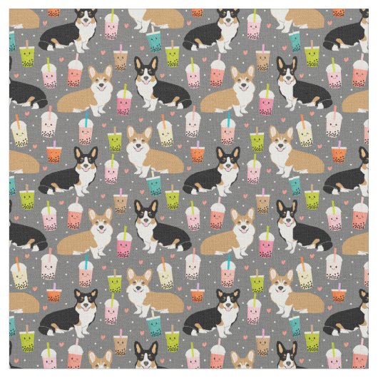 Corgi bubble tea fabric - donker stof (Close Up)