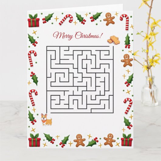 Corgi Christmas Maze Puzzle Holiday Kaart (Gele Bloem)