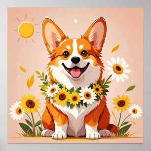 Corgi couronne de tournesols décoration murale
