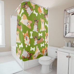 Corgi Cute Pattern in Green Douchegordijn