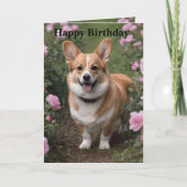 Corgi Dans Les Roses Rose, Carte Anniversaire (Devant)