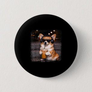 Corgi die ijs-koffie drinkt geliefde humor grappig ronde button 5,7 cm