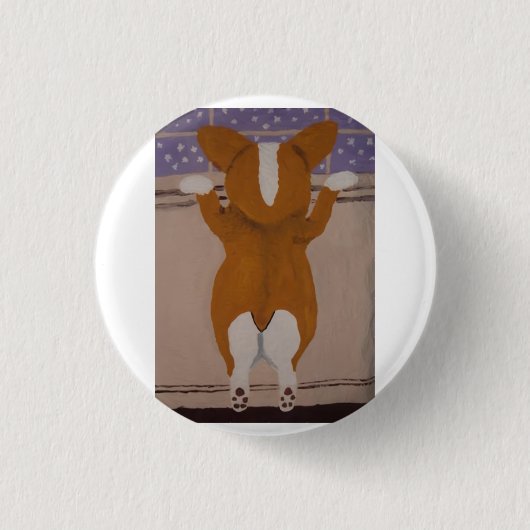 Corgi die uit het raam kijkt ronde button 3,2 cm (Voorkant)