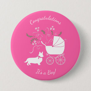 Corgi Dog Baby shower Pink Girl Ronde Button 7,6 Cm