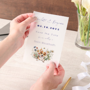 Corgi Dog en Wildflowers Bewaar de datum Vellum Uitnodigingen