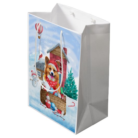 Corgi Dog in het sneeuwkersthondenhuis Medium Cadeauzakje (Achterkant Gekanteld)