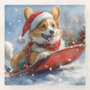 Corgi Dog in Sledge Laat het Sneeuw Kerstmis Glazen Onderzetter