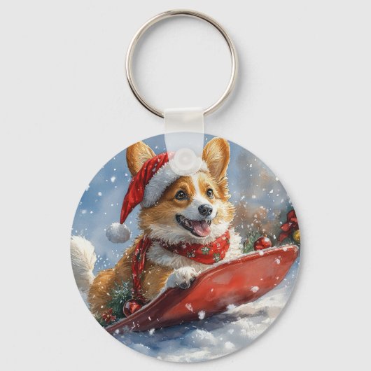 Corgi Dog in Sledge Laat het Sneeuw Kerstmis Sleutelhanger (Voorkant)