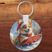 Corgi Dog in Sledge Laat het Sneeuw Kerstmis Sleutelhanger (Achterkant)