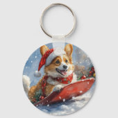 Corgi Dog in Sledge Laat het Sneeuw Kerstmis Sleutelhanger (Achterkant)