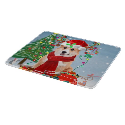 Corgi Dog in sneeuw met kerstcadeaus Snijplank (Hoek)