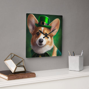 Corgi Dog in St. Patrick's Day Dress Vierkante Klok