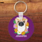 Corgi Dog met Flowers Paars Sleutelhanger (Voorkant)