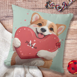 Corgi Dog Pun & Red Hearts Monogram Valentijnse  Kussen