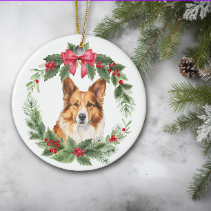 Corgi Dog Red Bow Holly krans Keramisch Ornament
