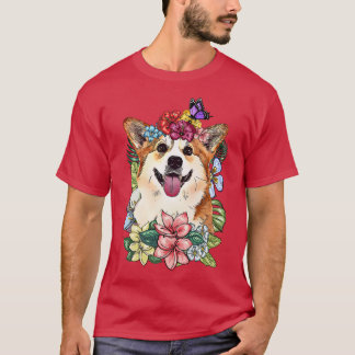 Corgi Dog Spring Botanical Plant Flower Floral263 T-shirt