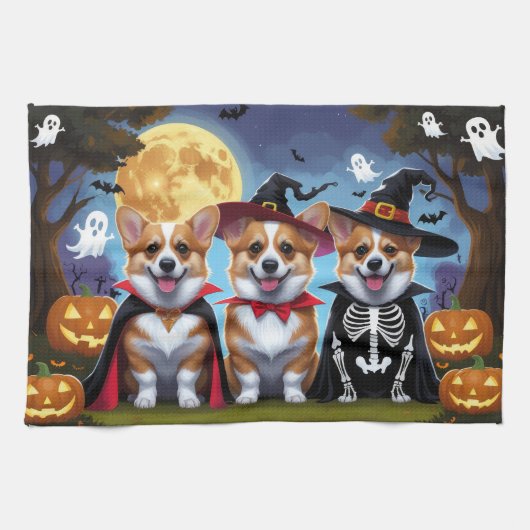 Corgi Dogs Pumpkin Halloween Grappig Theedoek (Horizontaal)