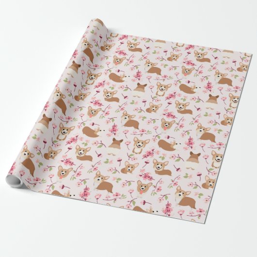 Corgi en Cherry Blossom Sakura Pink Pattern Cadeaupapier (Uitgerold)