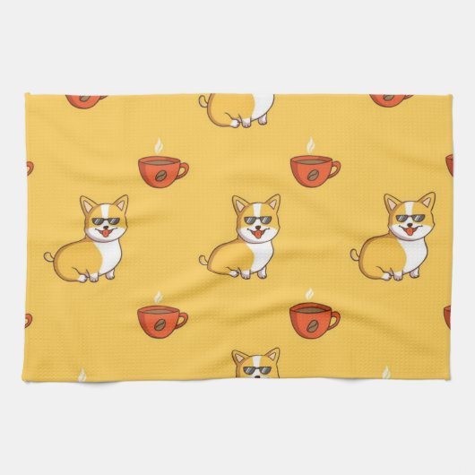 Corgi- en koffiepatroon theedoek (Horizontaal)