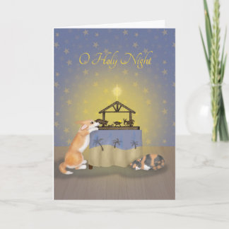 Corgi et chat avec la carte de Noël de la crèche