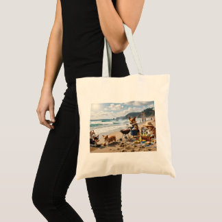 Corgi-familie op het strand tote bag