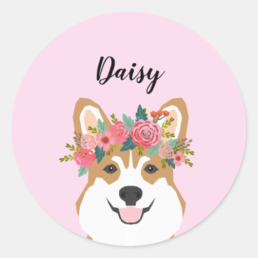 Corgi Flower Crown Custom name Ronde Sticker (Voorkant)