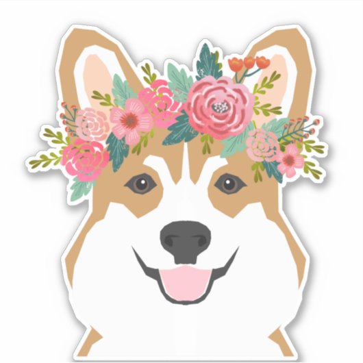 Corgi Flower Crown vinyl Sticker (Voorkant)