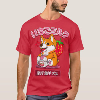 Corgi Funny Japans Kawaii Strawberry Melk Shake T-shirt