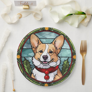 Corgi Gebrandschilderd Glas Kerstmis Papieren Bordje