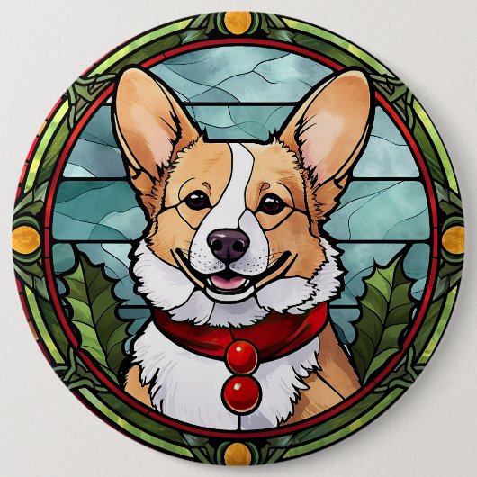 Corgi Gebrandschilderd Glas Kerstmis Ronde Button 6,0 Cm (Voorkant)
