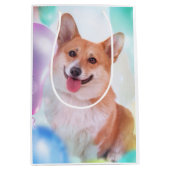 Corgi glimlachen met ballonnen medium cadeauzakje (Voorkant)