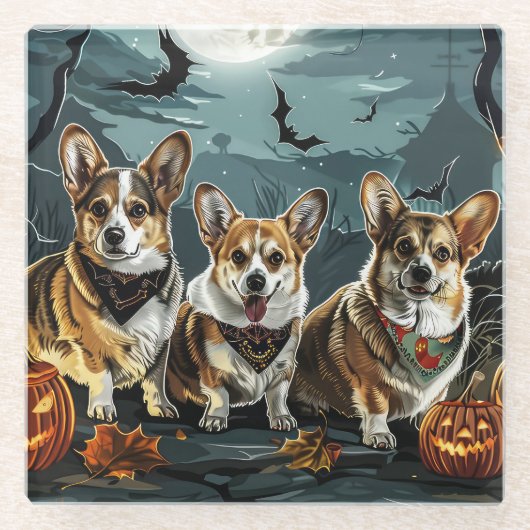 Corgi Halloween Spooky Glazen Onderzetter (Voorkant)