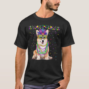 Corgi-hond draagt Carnavalsmasker Mardi Gras-krale T-shirt