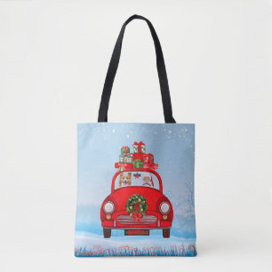 Corgi-hond in auto met kerstman draagtas