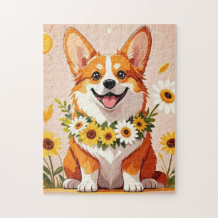 Corgi hond kroon van zonnebloemen wandkunst decora legpuzzel