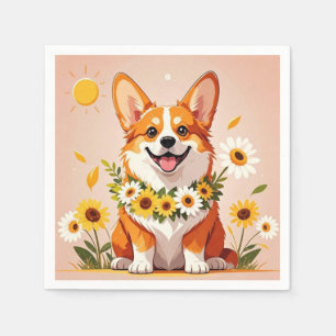 Corgi hond kroon van zonnebloemen wandkunst decora servet